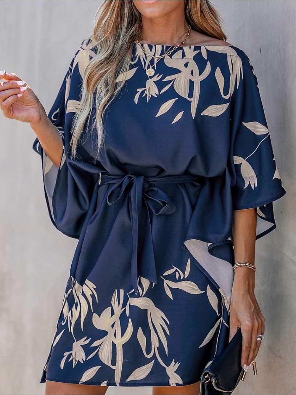 Cupshe Woman’s Leaf Print One Shoulder Navy & Cream Tie-Waist Tunic Dress Size M